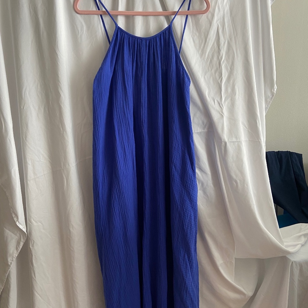 Bellerose strappy sun dress, blue, linen, medium (US 6-8)